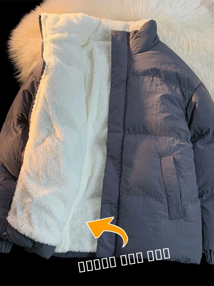 

Couple's Style Lamb Velvet Fleece Lined Cotton Jacket Stand Collar Men Women Loose Fit Winter Warm Casual Zipper Closure Coat