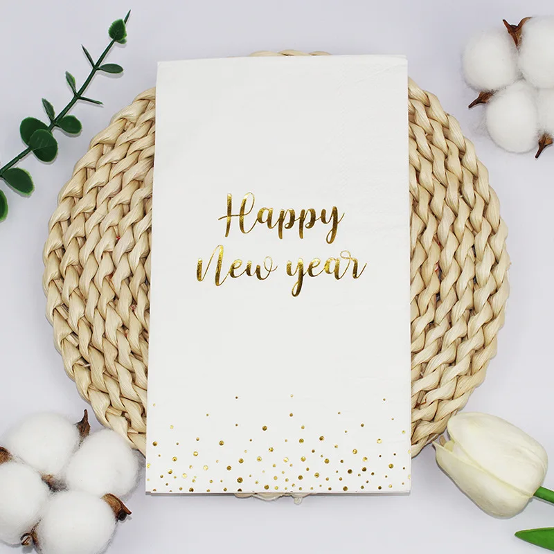 20 قطعة مناديل ورقية طويلة فاخرة للاستعمال مرة واحدة لتزيين طاولة حفلات عيد الميلاد ورأس السنة الجديدة، سنة جديدة سعيدة مختومة بالذهب #5