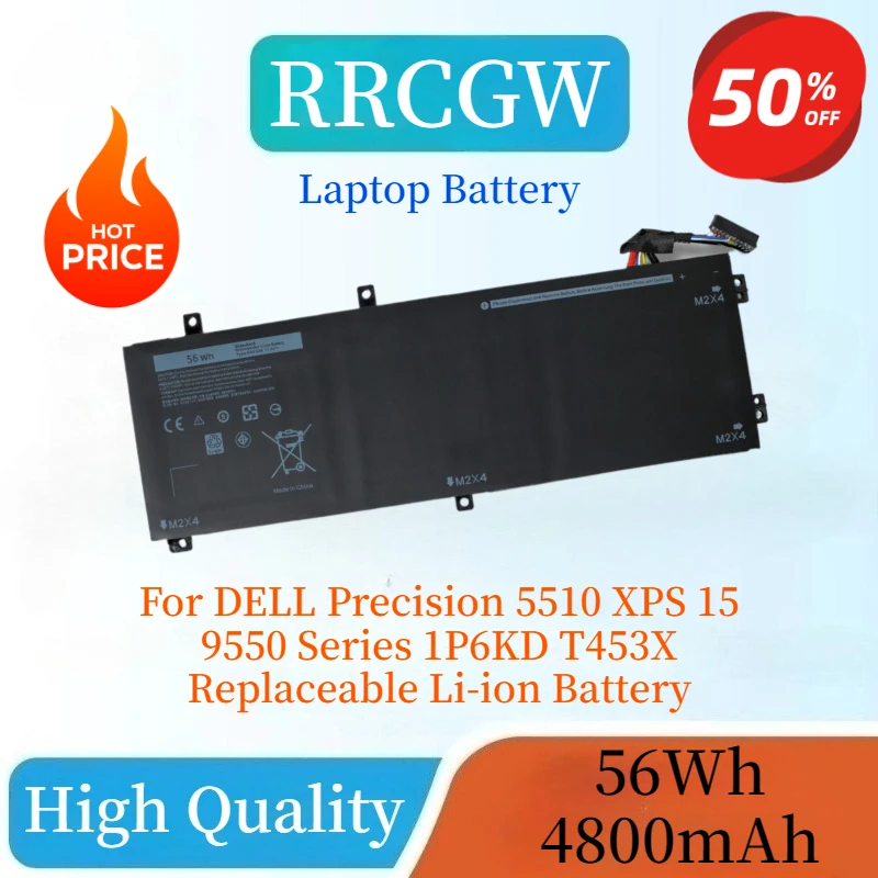 

New High Quality RRCGW Laptop Battery 56Wh 4800mAh for DELL Precision 5510 XPS 15 9550 Series 1P6KD T453X Replaceable Battery