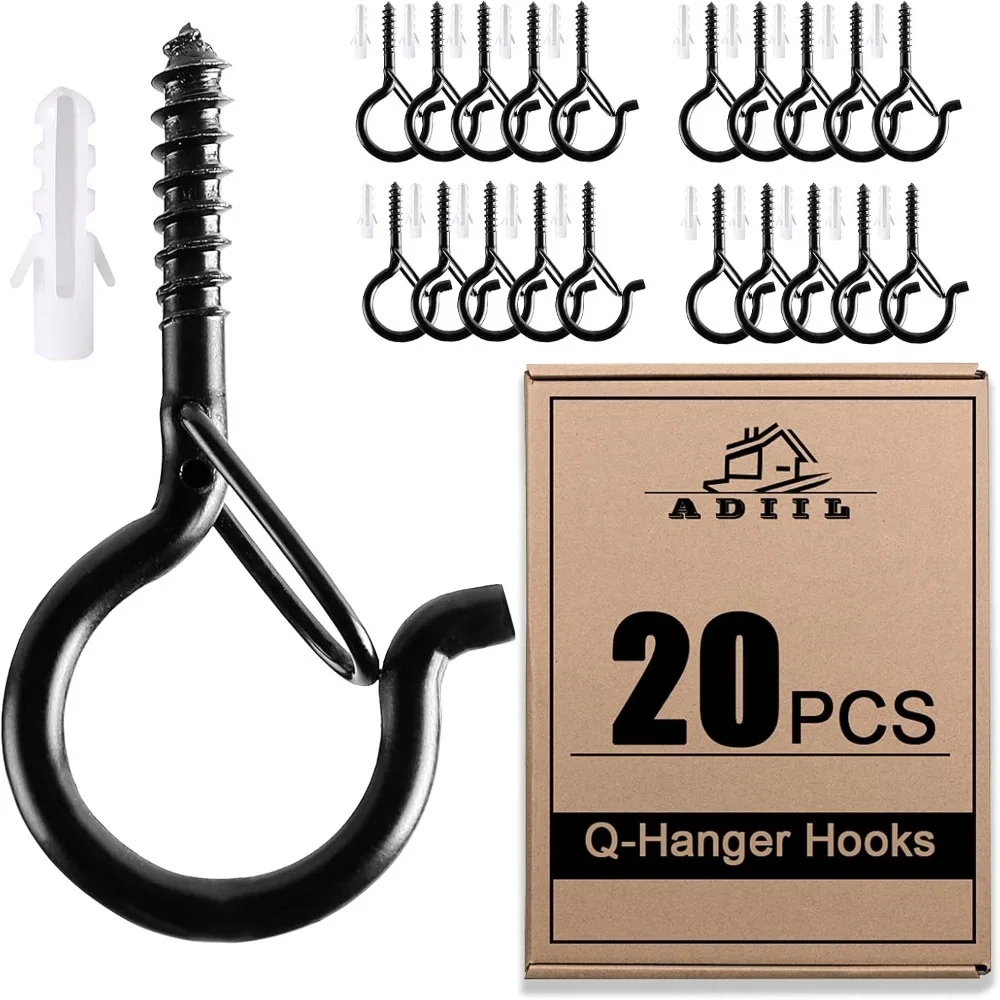 

20 PCS Q Hanger Hooks with Safety Buckle, Windproof Screw Hooks for Hanging Outdoor String Lights, Plants