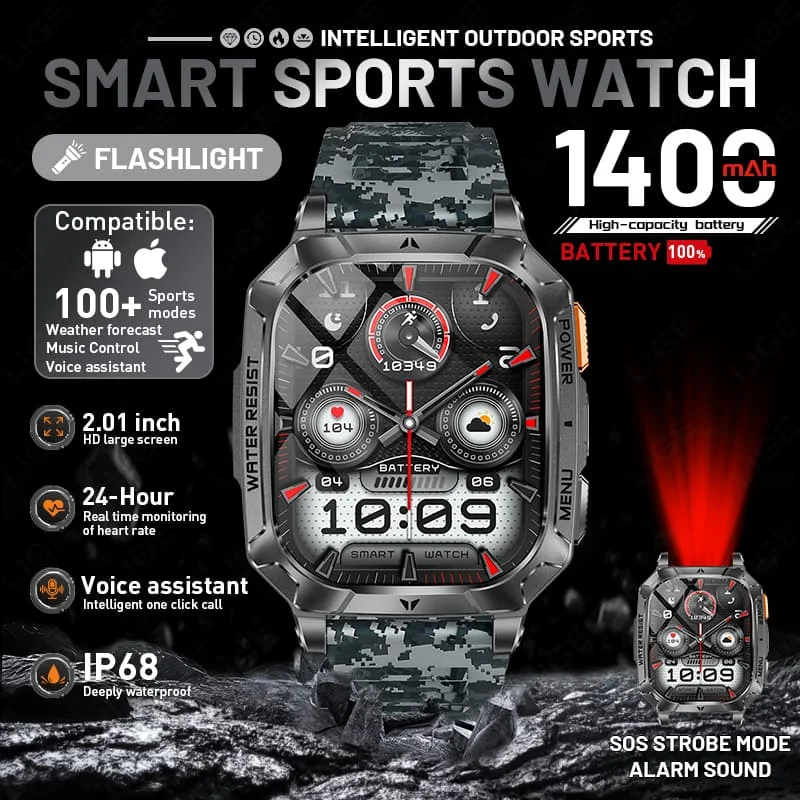 

LIGE 2026 Men Smart Watch Military Outdoor Sports Tracker IP68 Waterproof Tracking Smartwatch Battery 1400mAh With Flashlight