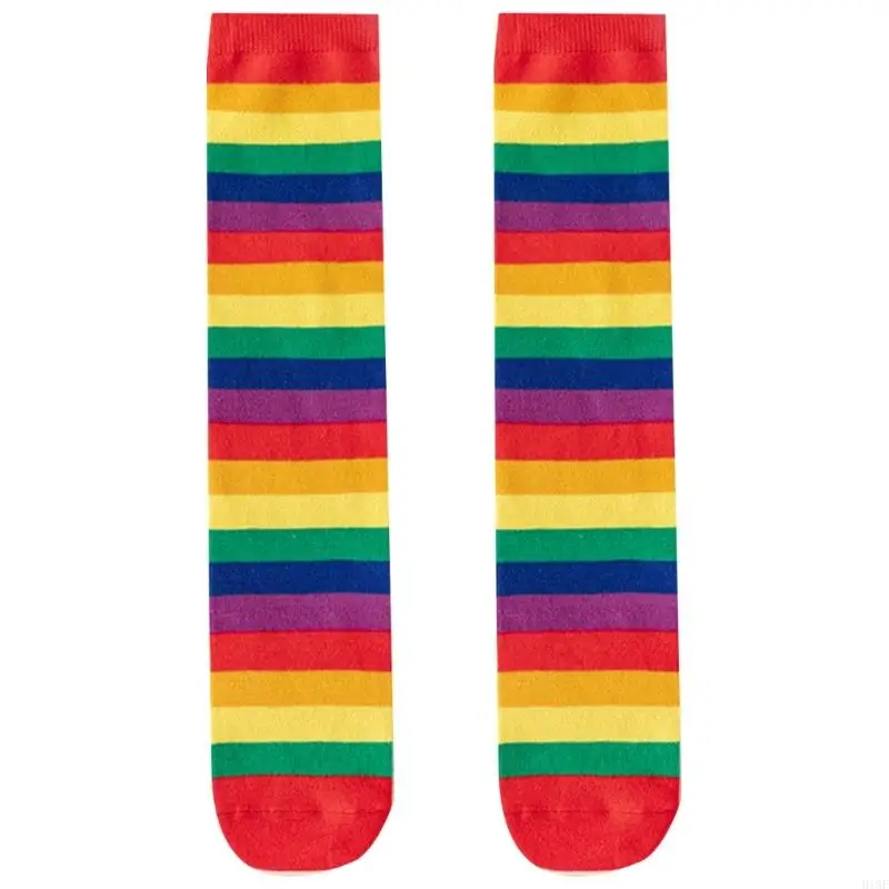 

918F Girls Calf Length Socks Fashionable Spring Autumn Rainbow Striped Socks Korean