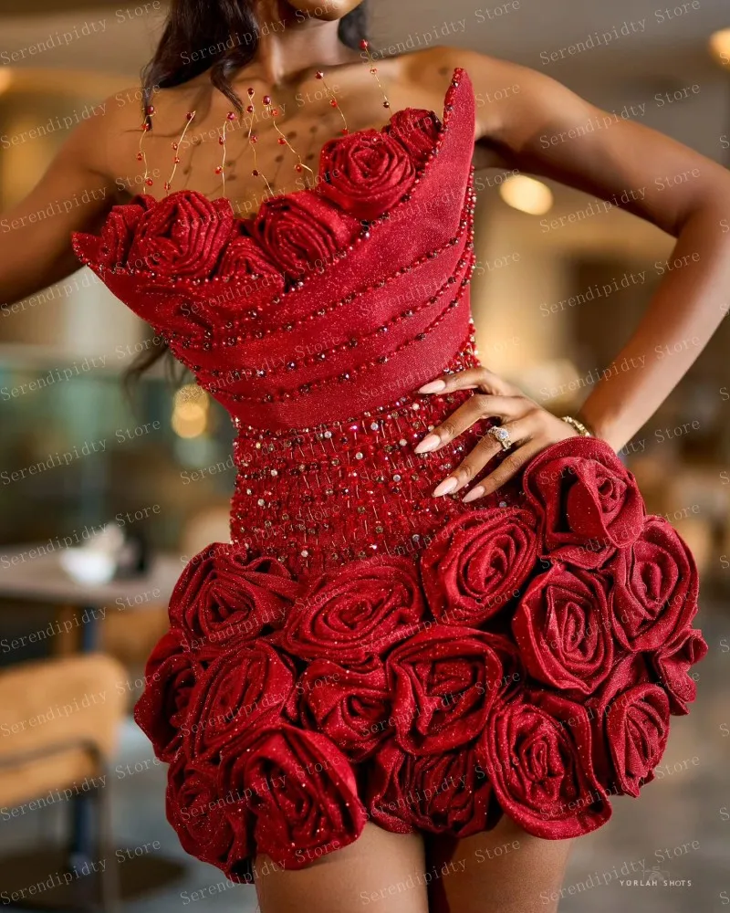 SERENDIPIDTY Strapless Red Rose Oarty Dress Sequins Beaded Cocktail Dresses Mini Length Luxuies Woman Clothes Free Shipping