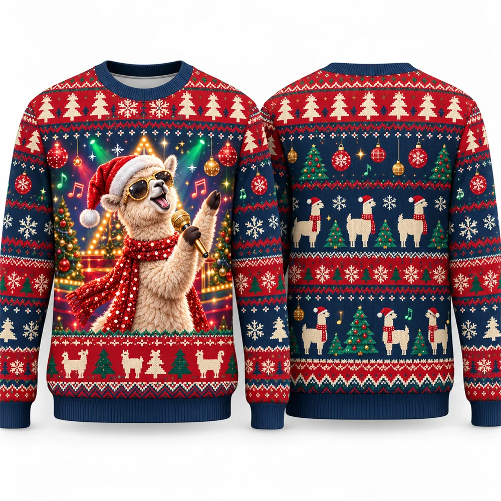 Holiday Llama Weihnachtssweatshirt für Herren, 3D lustiges Tiermotiv, Rundhalsausschnitt, Pullover, langärmelig, hässliches Weihnachtsparty-Geschenk, Neuartiges Kleidungsstück – Detail 4
