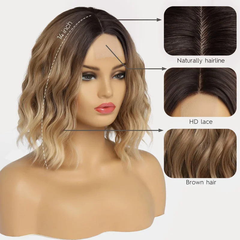European American style women's short curly lace front wig with highlights and water wave pattern synthetic fiber hairpiece
