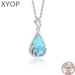 XYOP 925 Silver Gift Pear-Shaped Wave Natural Larimar Pendant,The Girl Next Door Is Clean And Calm