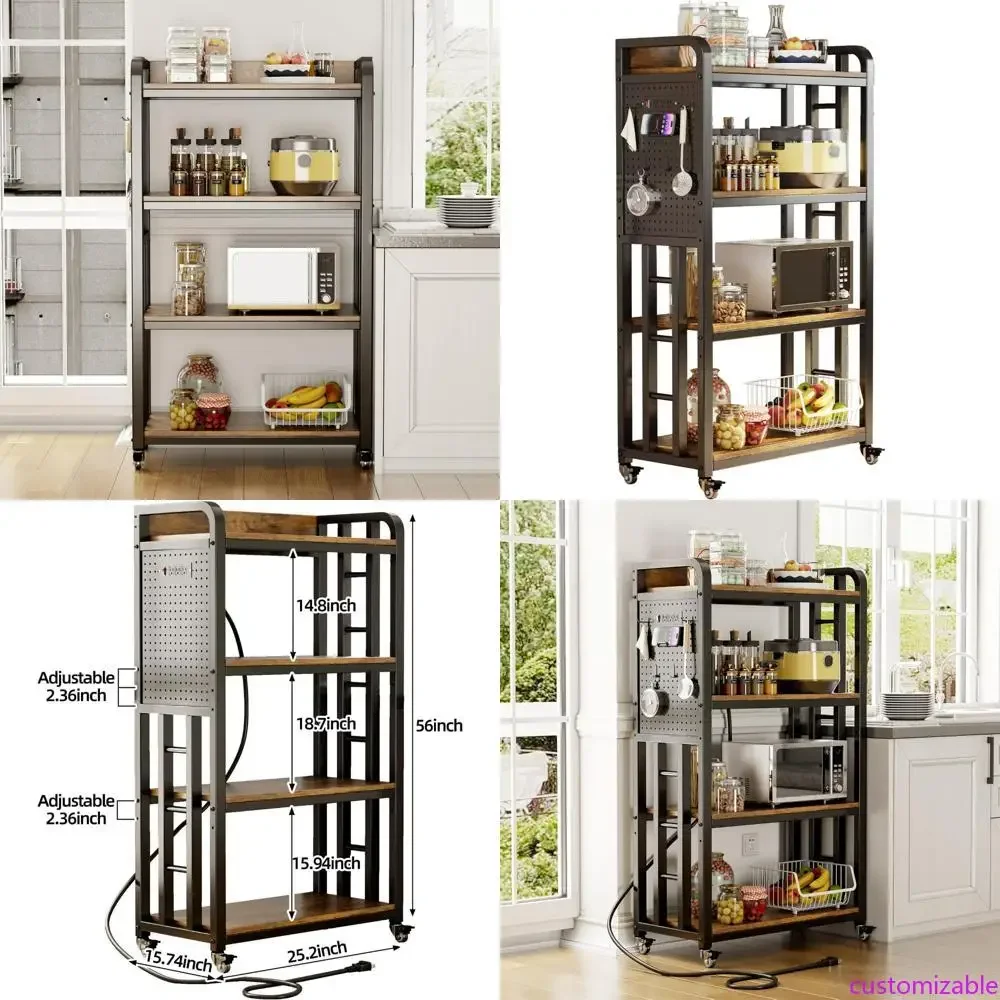 

Улучшенная кухонная полка-стеллаж для хранения с розеткой, перфорированной панелью и 4-уровневой подставкой для микроволновой печи