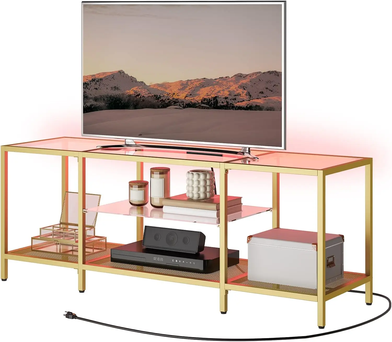

TV Stand with LED Lights and Power Outlets for TVs up to 65", Modern 55 Inch Tempered Glass TV Console Table with Open Shelves