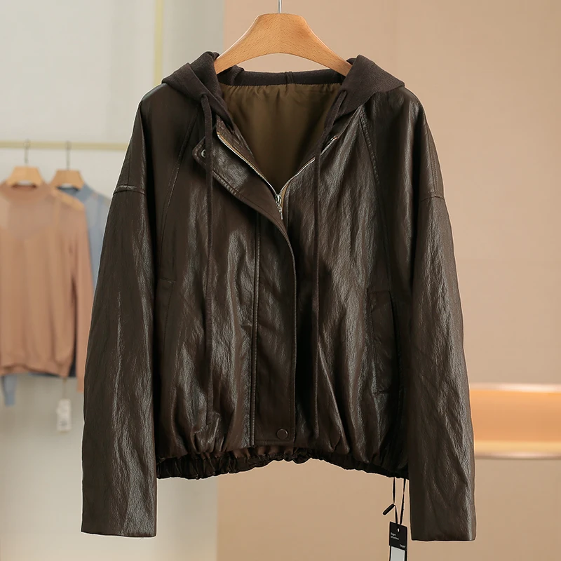 

Spring New Arrival Women's Jacket Elastic Hem Knitted Splicing Hooded PU Leather Coat Long Sleeve Short Length Zipper Closure