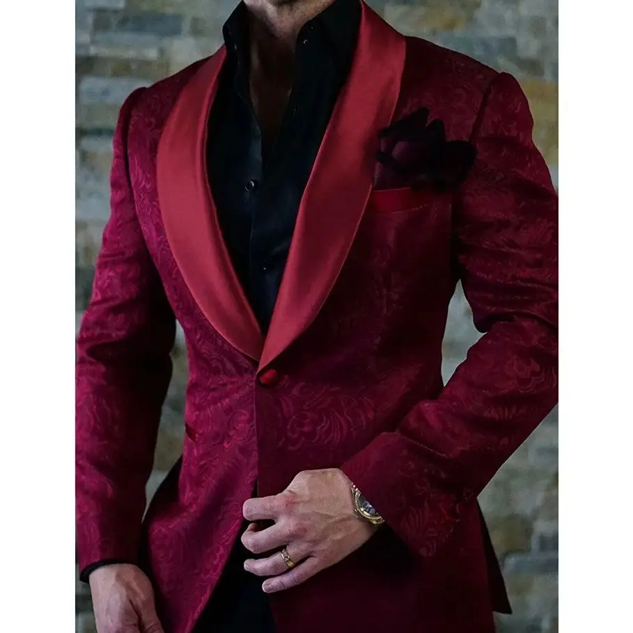 High Quality Jacquard Men Suits Blazer Costume Groom Shawl Lapel Wedding Slim Fit Blazer Jacket 1 Pc
