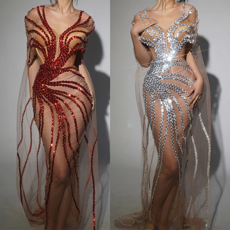 

Sexy Mesh Perspective Full Diamond Trailing Dress Nightclub Bar Dj Performance Women Gogo Dancers Singer Stage Dress DN21026