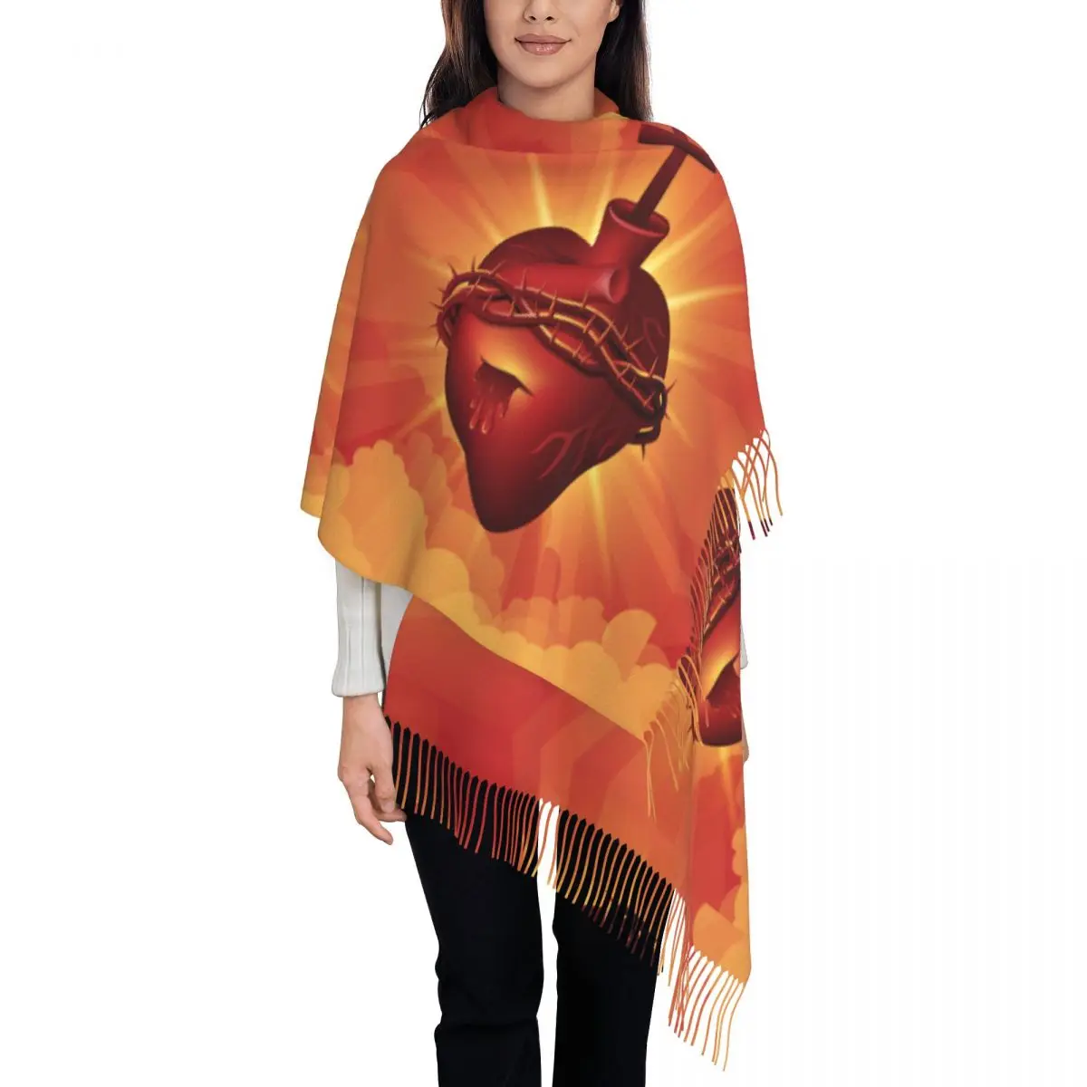 Sacred Heart Jesus Scarf Christ Warm Soft Shawl Wrap with Tassel Lady Vintage Headwear Scarves Winter New Design Bufanda