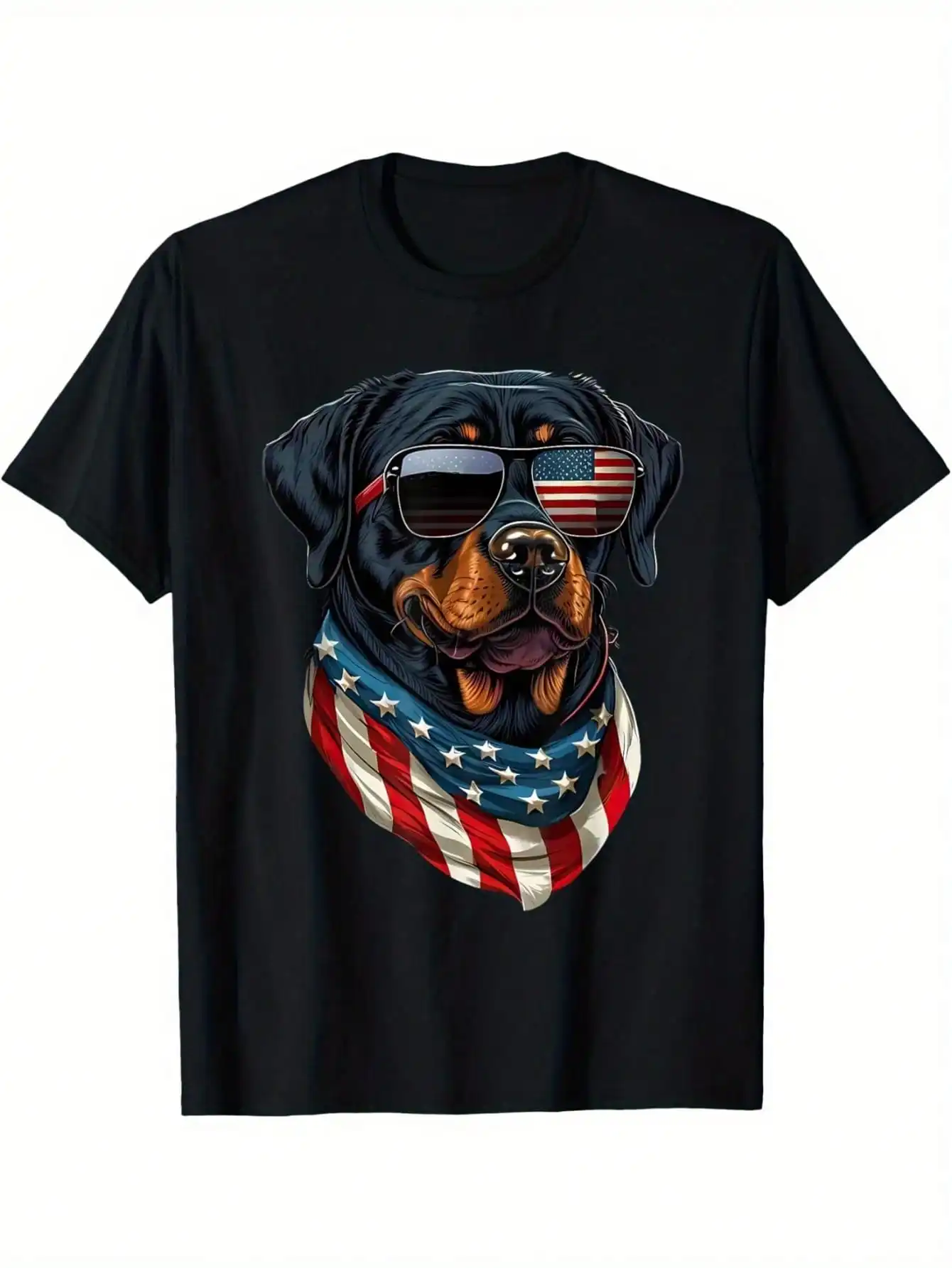تي شيرت Patriotic Rottweiler الرابع من يوليو - قميص رجالي من القطن الأسود مع نظارات شمسية رائعة بعلم أمريكي