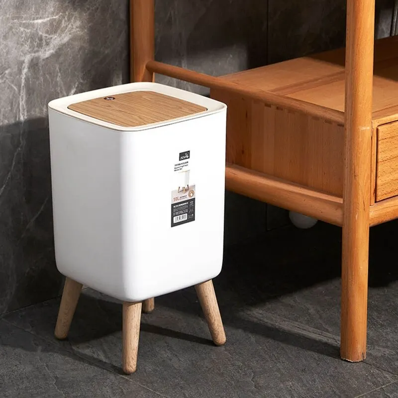 Trash Can with Lid Press Dustbin for Living Room Toilet Bathroom Kitchen Garbage Bucket High Foot Imitation Wood Rubbish Can