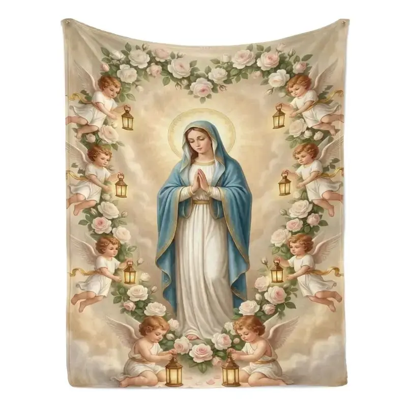 Couverture en flanelle polaire VIKAMA avec motif de la Vierge Marie, des archanges et une couronne de roses, art sacré, douce et moelleuse, décoration de chambre à coucher, cadeau pour les catholiques