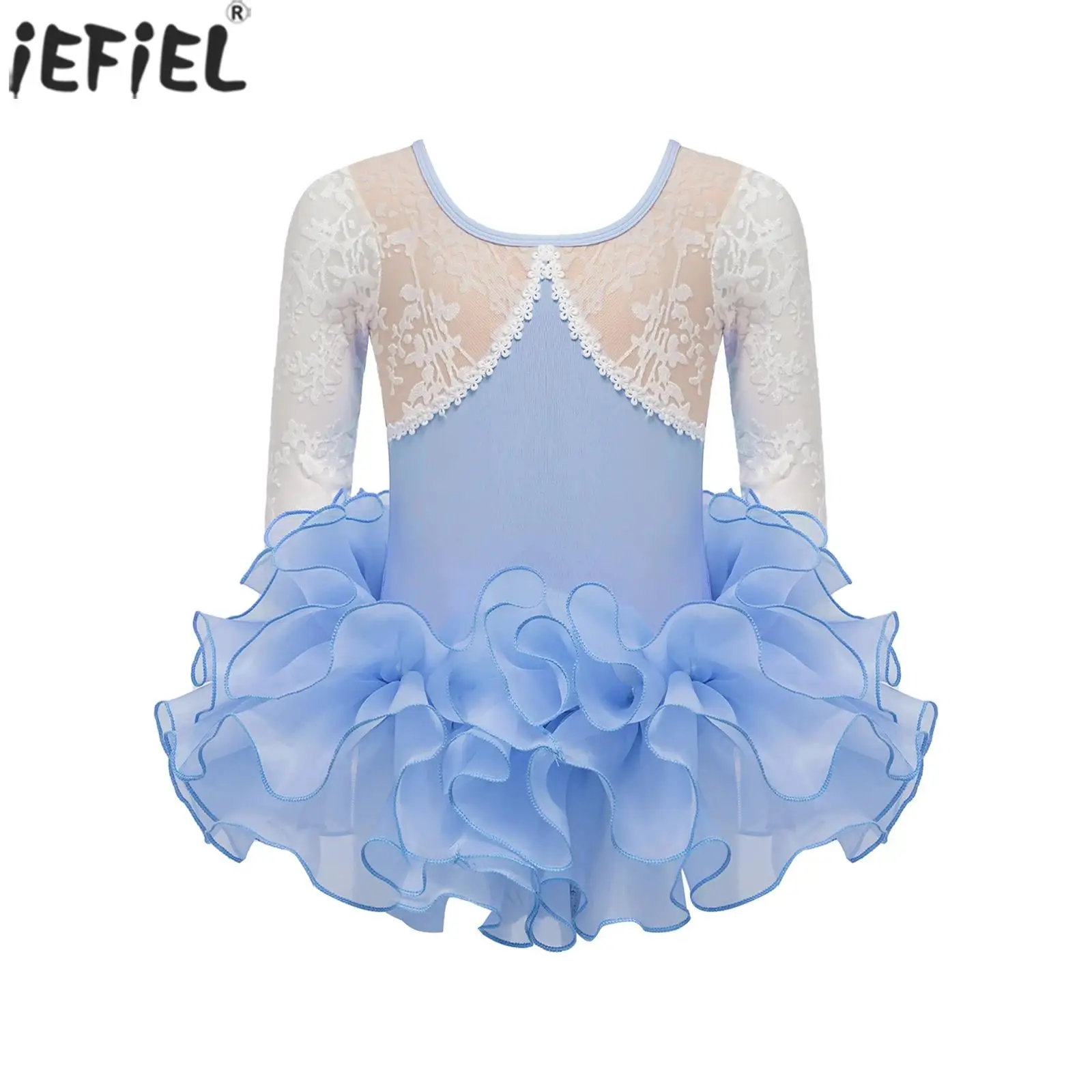 

Kids Girls Ballet Dance Costume Figure Skating Gymnastics Yoga Dancewear Long Sleeve Lace Trim Mesh Leotard with Layered Skirt