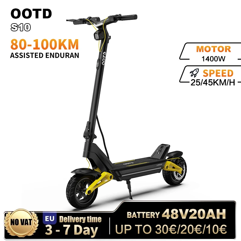 Electric Scooter OOTD S10 10inch Bluetooth Link APP 1400W 48V 20AH 55KM/H Max Mileage 70km Lightweight Escooter Dual Suspension