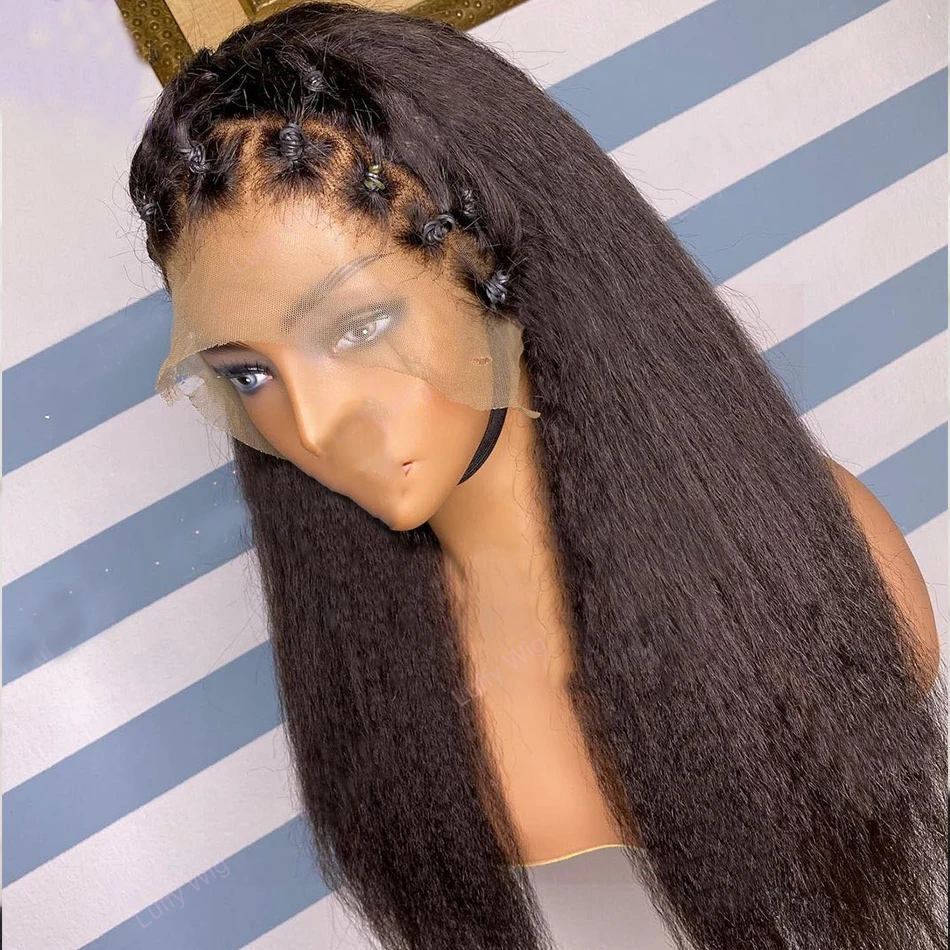 Natural Black Soft 28 inch 200% Density Long Yaki Kinky Straight Lace Front Wig For Women With Baby Hair Preplucked Glueless