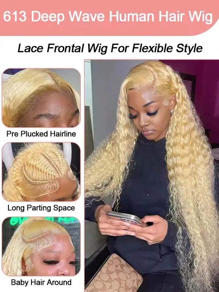 34-дюймовые парики, человеческие волосы, блондинка, кружевная передняя часть, глубокая волна, 613, блондинка 13x4 HD, прозрачные вьющиеся, настоящие человеческие волосы, плотность 250%