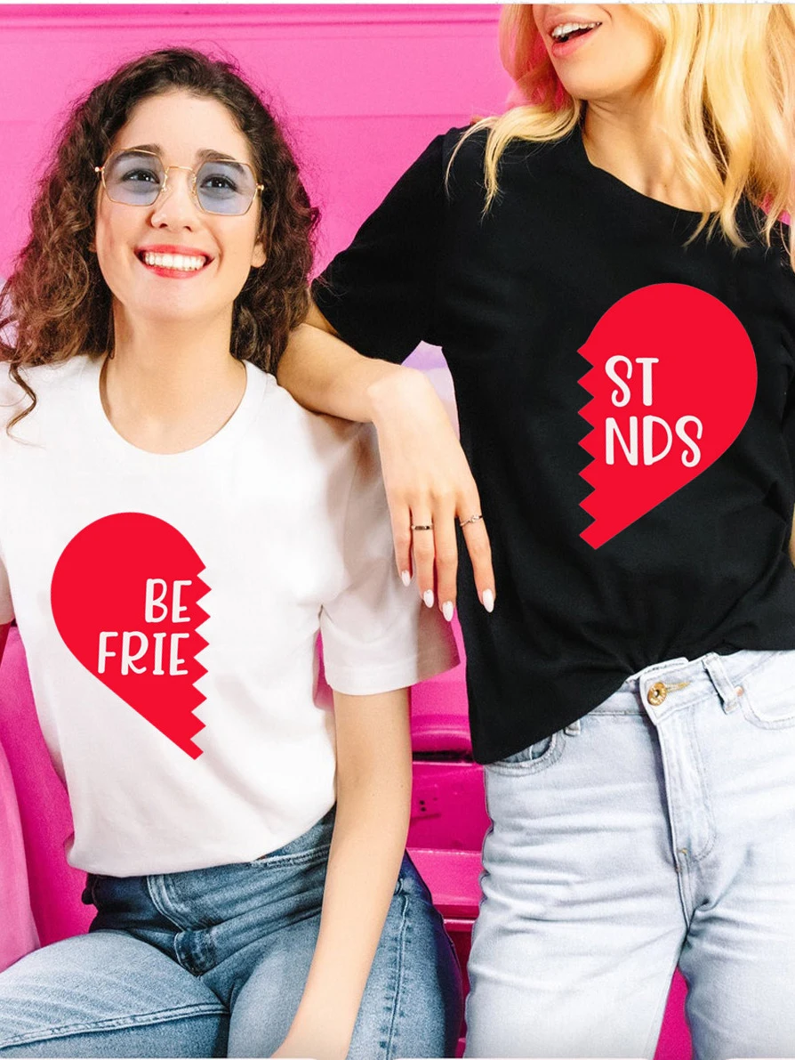 Best Friend Heart Shaped Women Cotton T-Shirts Girl Cute Bestie Graphic Designed Tops Tees BFF Matching Sisters Clothes