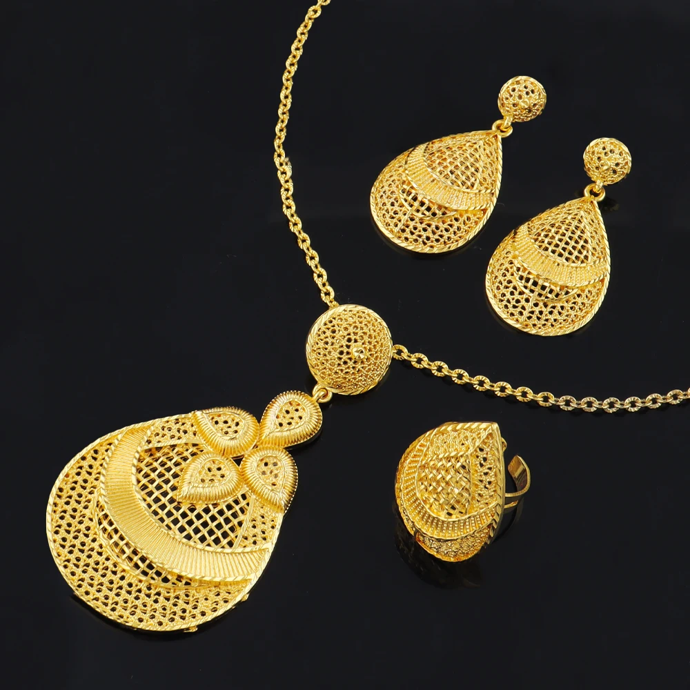 24K Gold Plated Charms Necklace Earrings Ring Women Jewelry Set halloween Jewelries Gift for Party Wedding