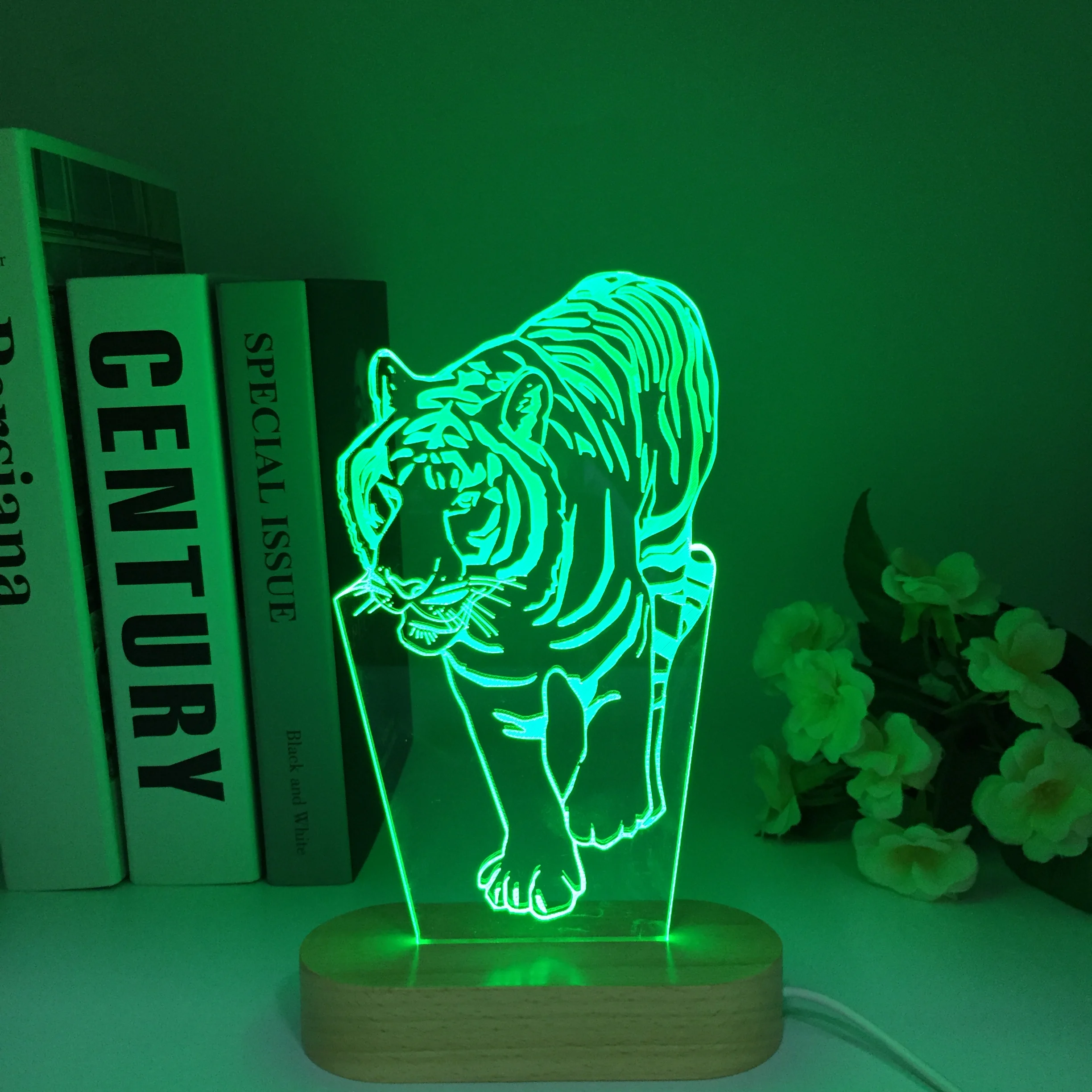 Newest 3D Acrylic Led Night Light Tiger Figure Nightlight for Kids Child Bedroom Wooden Lights Gifts for Home Decor Table Lamps