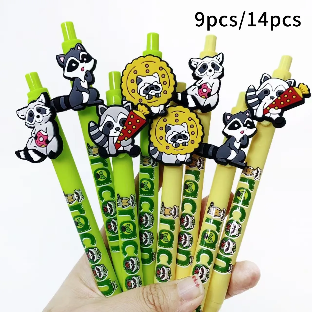 

9pcs/14pcs Two-tone Yellow and Green Creative Raccoon-shaped Signature Pens, Retractable Student Ballpoint Pens