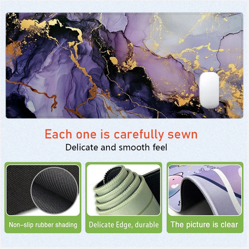 パープルマーブルパターンマウスパッドかわいいXXLゲーミングマウスパッドラバーベースステッチエッジ付き滑り止めデスクパッド大型デスクアクセサリー