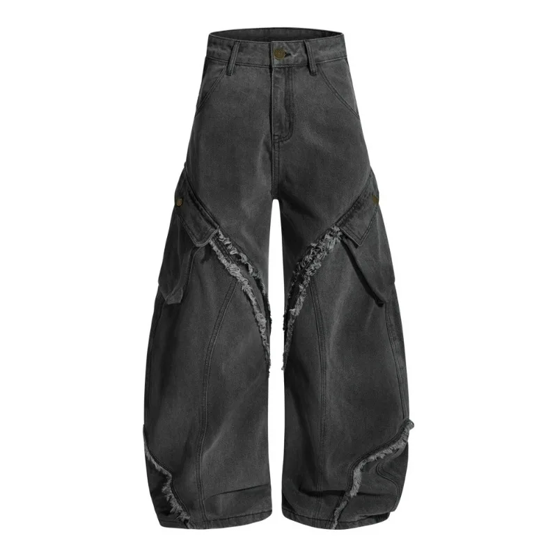 

KIDWHXR Man Harem Pant New Fashion Patchwork Wide Leg Men Trousers Streetwear Mid Waist Pocket Versatile Male Denim Pant