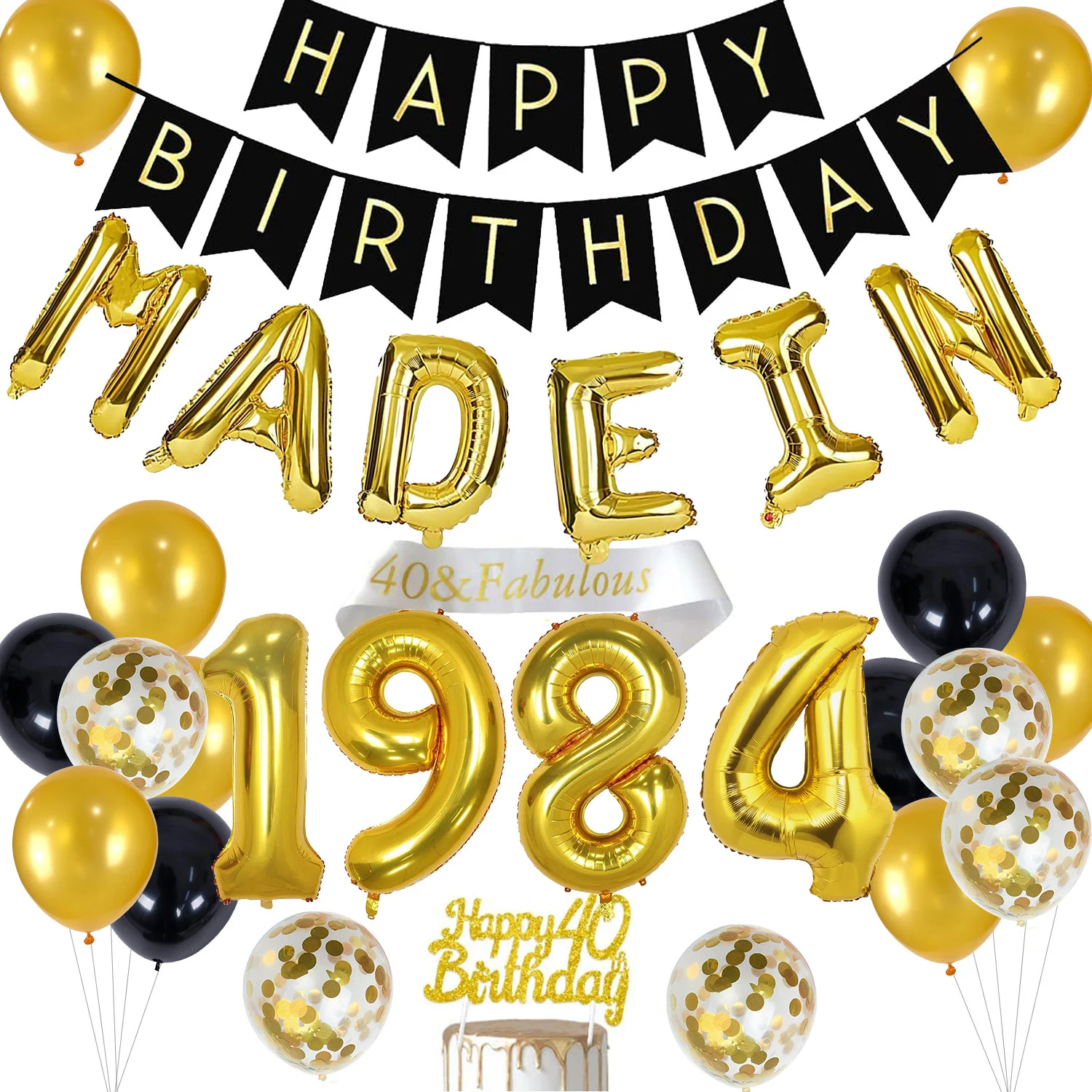 Black Gold 40th Birthday Decorations Made In 1984 Balloon Banner for Women Men Happy 40 Birthday Cake Topper Forty Year Old Sash