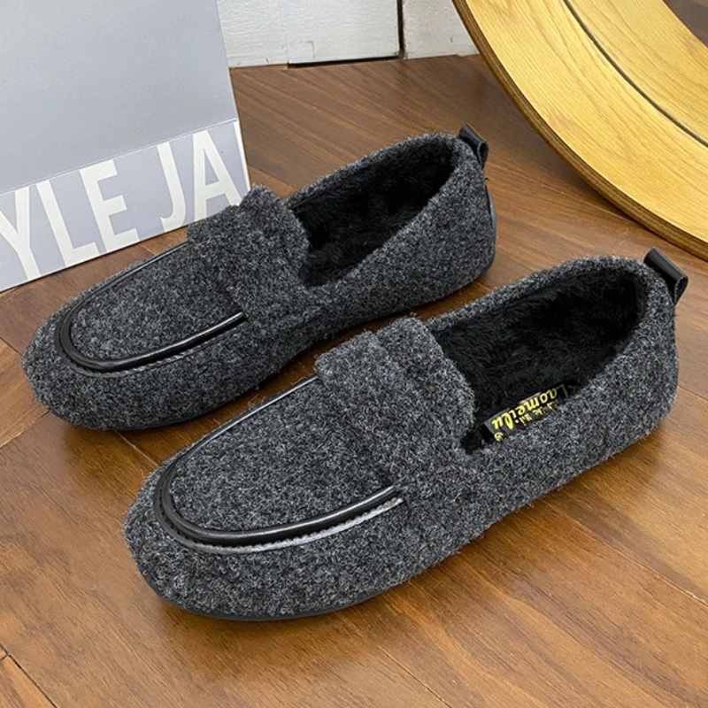 

33-43 Женские меховые лоферы большого размера, зима 2025, новые удобные теплые плюшевые слипоны, повседневные хлопковые туфли на плоской подошве с круглым носком