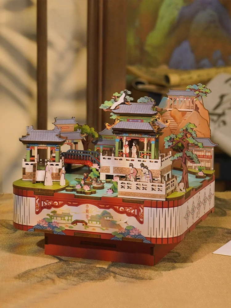 Handmade Wooden Music Box DIY Building Blocks Museum Great View Garden Birthday Gift Creative Festive Supplies National Museum