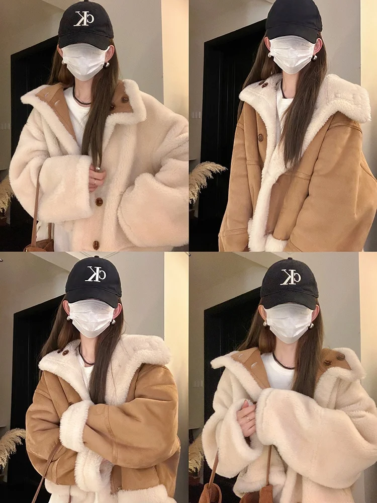 

Женская двусторонняя куртка из овечьей шерсти (00% шерсть) с кожаными вставками и мехом, модная, теплая, для повседневной носки, для поездок на работу