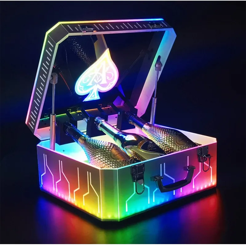 Rainbow Color LED Luminous Display Case Ace of Spade CHAMPAGNE SUITCASE Wine Bottle Carrier Box Glorifier Display For NighClub