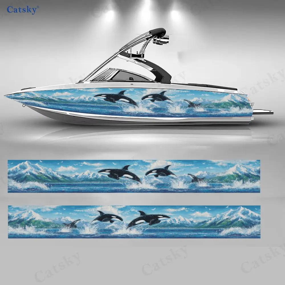 2pcs Jumping Killer Whale Boat Body Sticker | Self-Adhesive Easy-Apply PVC, High Definition Printing, Waterproof Vinyl Decal
