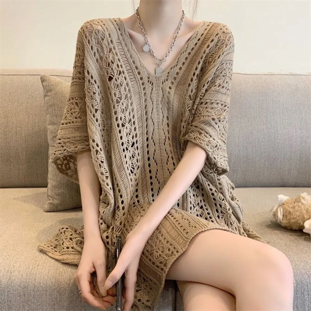 Oversized Hollow Out Swimsuit Cover Up V-neck Crochet Sweater Knitted Bikini Cover Up Mesh Long Sleeve Beach Wear Vacation