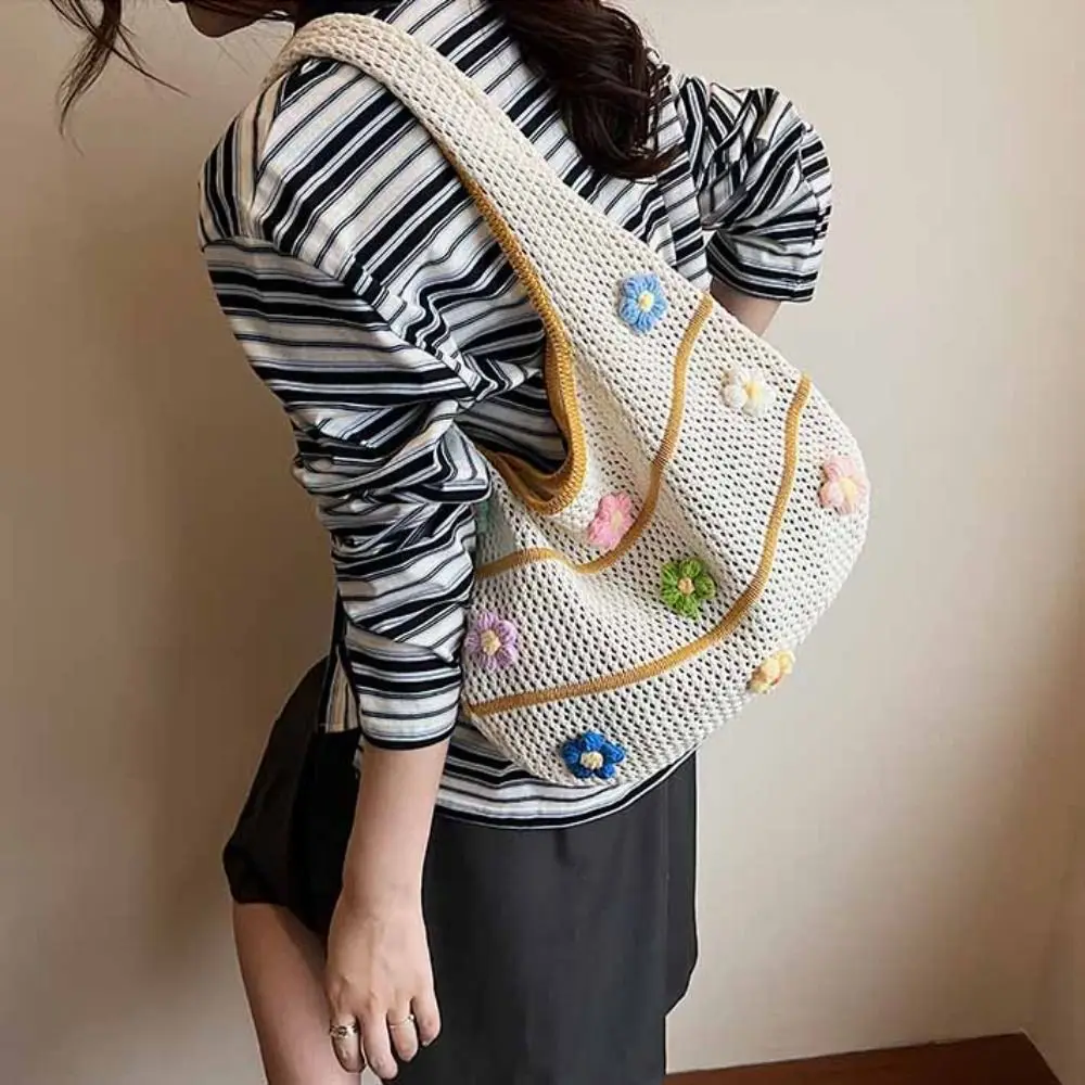 

Casual Hollow Out Flower Knitting Bag Beach Handbag Tote Bag Beach Bag Large Capacity Bohemian Style Hollow Shoulder Bag Holiday