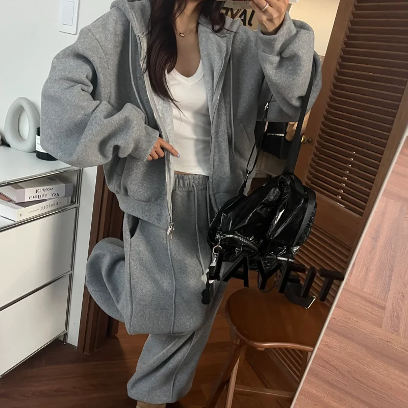 Korean Sle Double Zipper Fluffy Hoodie Jaet Women's Dstring Trousers Autumn Winter Two-Piece Set Soft Comfortable Swea...