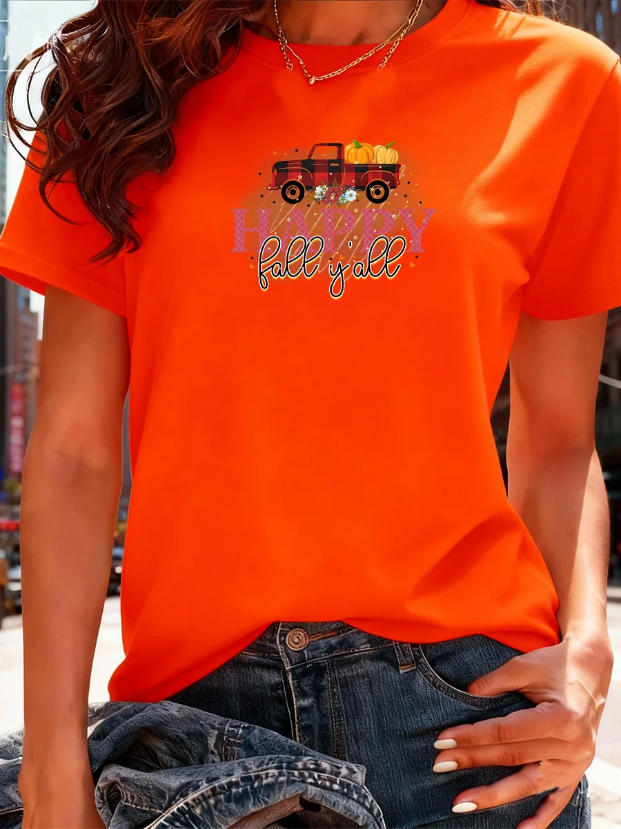 تي شيرت أسود قصير الأكمام "Happy Fall Y'all" برسومات شاحنة اليقطين لملابس الخريف النسائية غير الرسمية #5
