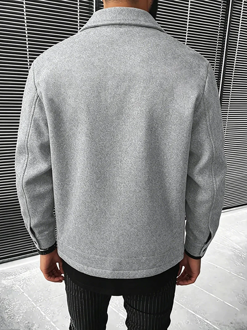 Herrenjacke aus gebürstetem Polyester, Reversjacke mit Knopfleiste/Reißverschluss und Tasche, bequeme, lässige Herbst- und Winterjacke für Büro und Business – Detail 4