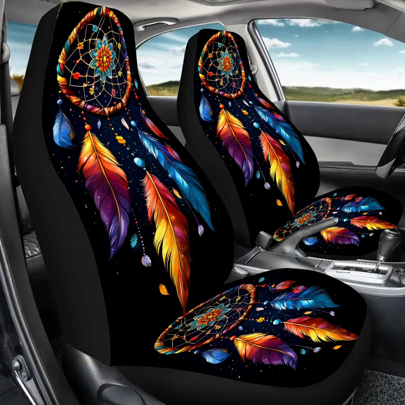 2pcs Bohemian Wind Chime Print Car Seat Covers For Women & Men - Vibrant Multicolor Design, Durable Polyester, Fit For Cars, SUV