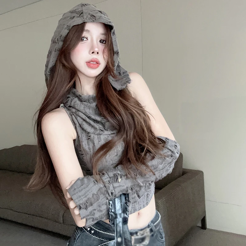 المرأة مثير تنفس سترة مقنعين مع الأكمام ، قمم المتعثرة الرجعية ، تناسب ضئيلة ، أزياء الصيف #4