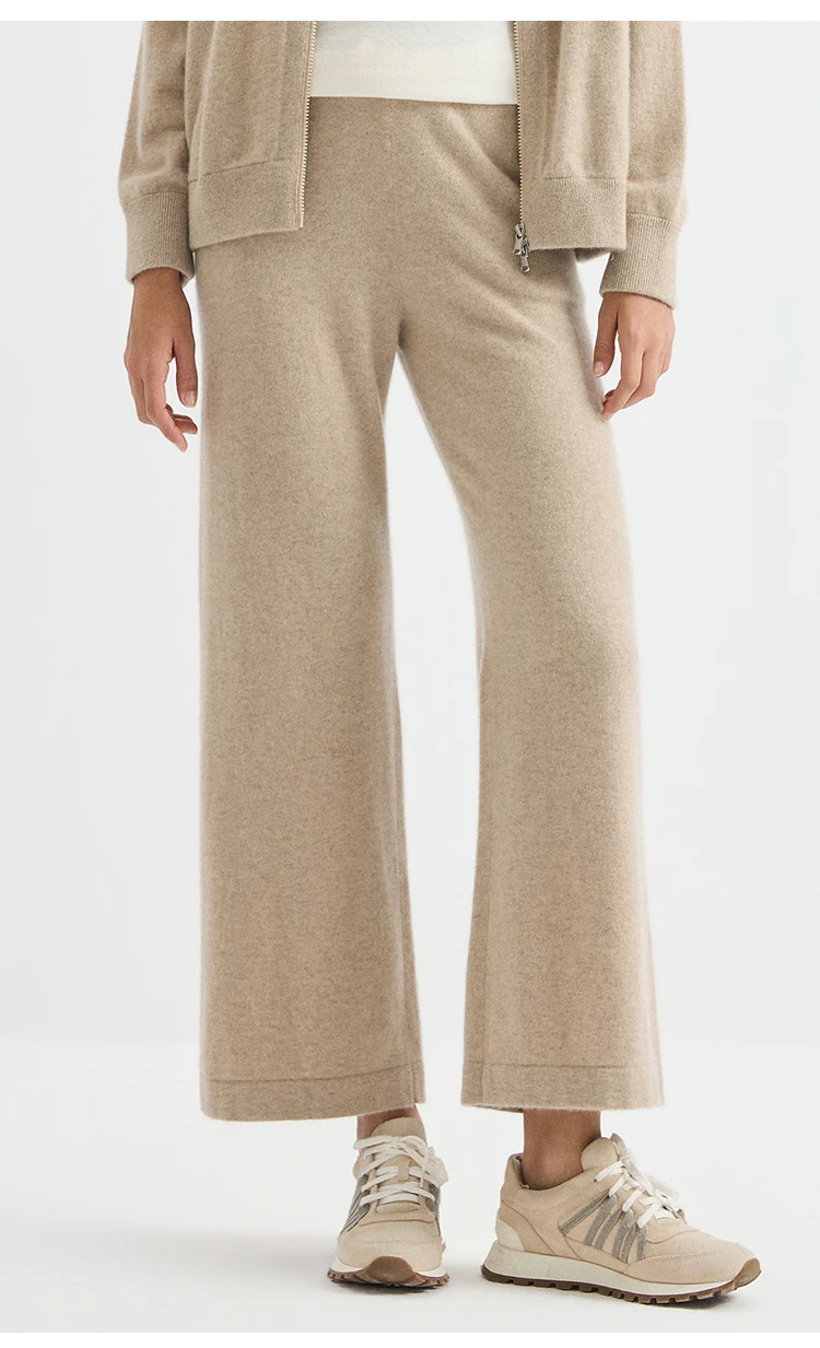 BY4621762 Damen 100% Kaschmir Weite Hose mit geripptem, elastischem Bund, Gesäßtasche, Kettenrand, entspannte Passform, Frühherbst – Detail 7