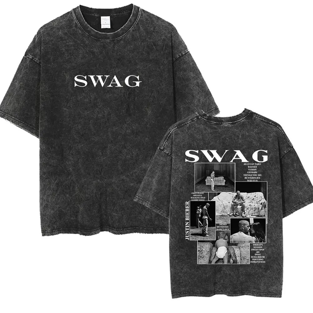 مغني الراب جاستن بيبر SWAG ألبوم 2025 خمر غسلها الجرافيك تي شيرت الرجال الهيب هوب فضفاض موضة قصيرة الأكمام تي شيرت الشارع الشهير