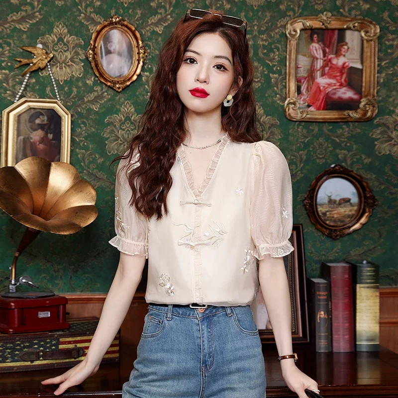 Women's Embroidery Chiffon Blouse Summer Puff Sleeve V-Neck Elegant Casual Short Sleeve Tops