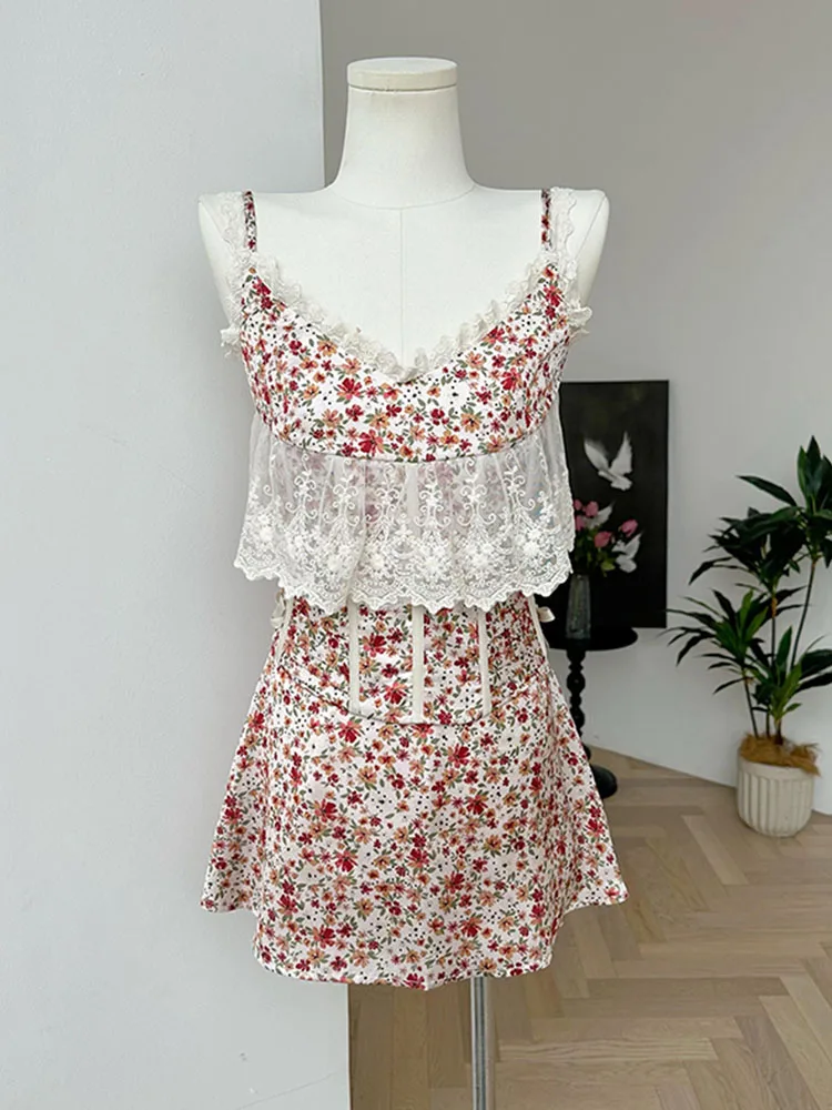 

French Elegance Outfits 2 Piece Set V-Neck Lace Camisole Sweet + High Waist Red Print Flower A-Line Skirt Party Prom Harajuku