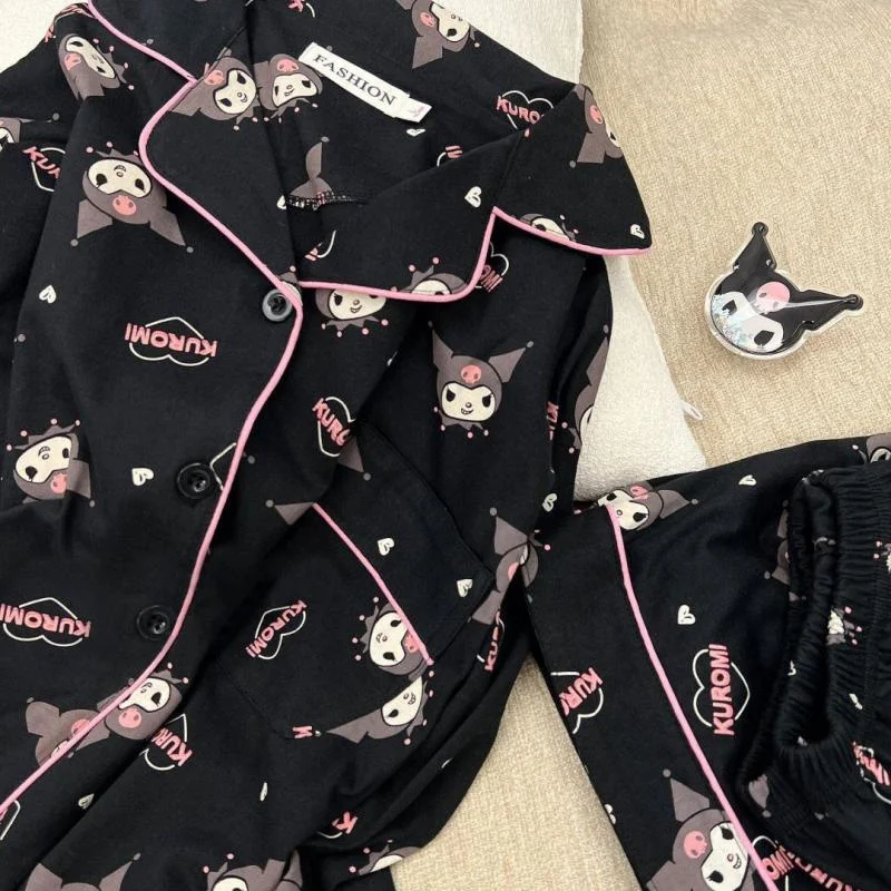 Kawaii Sanrios Kuromi zestawy piżam wiosenny i jesienny bawełniana piżama z kreskówek dla kobiet ładny zestaw odzież domowa na co dzień