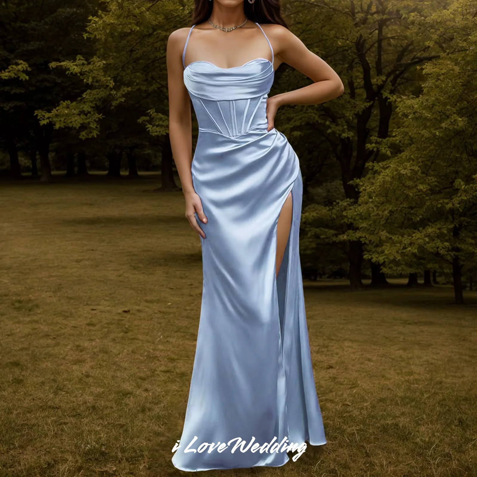 Abiti da sera eleganti con cinturino per spaghetti 2025 Abito da cerimonia nuziale diviso senza maniche a sirena pieghettata al pavimento personalizzato