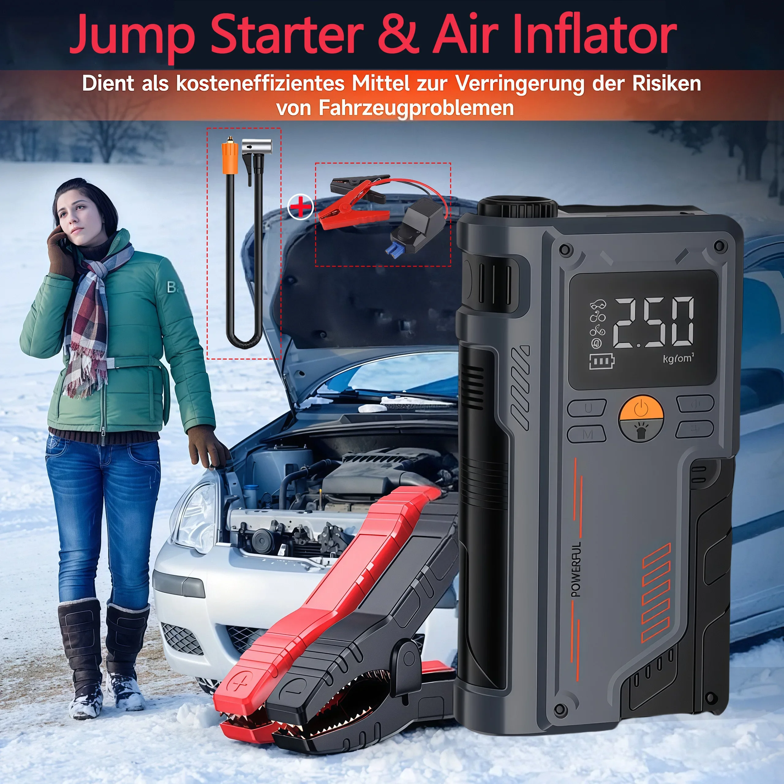 

Портативный автомобильный стартер JKUOO 12 В с воздушным компрессором — аварийное питание для свинцово-кислотных аккумуляторов + накачка и мониторинг шин