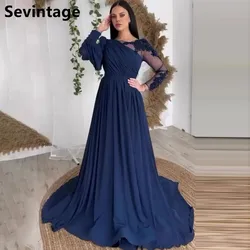 Sevintage 2025 Navy Blue Chiffon Evening Dress Long Sleeves Appliqued Custom Made Arabic Prom Gown Wedding Party Dress Vestidos